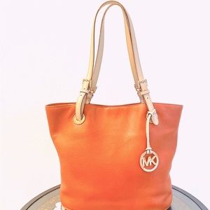 🍁Michael Kors Jet Set Travel Leather Medium Tote Bag, Burnt Orange w/Tan Straps